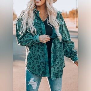 BiBi Leopard Vintage Wash (Teal/Green) Corduroy Winter Shacket size S